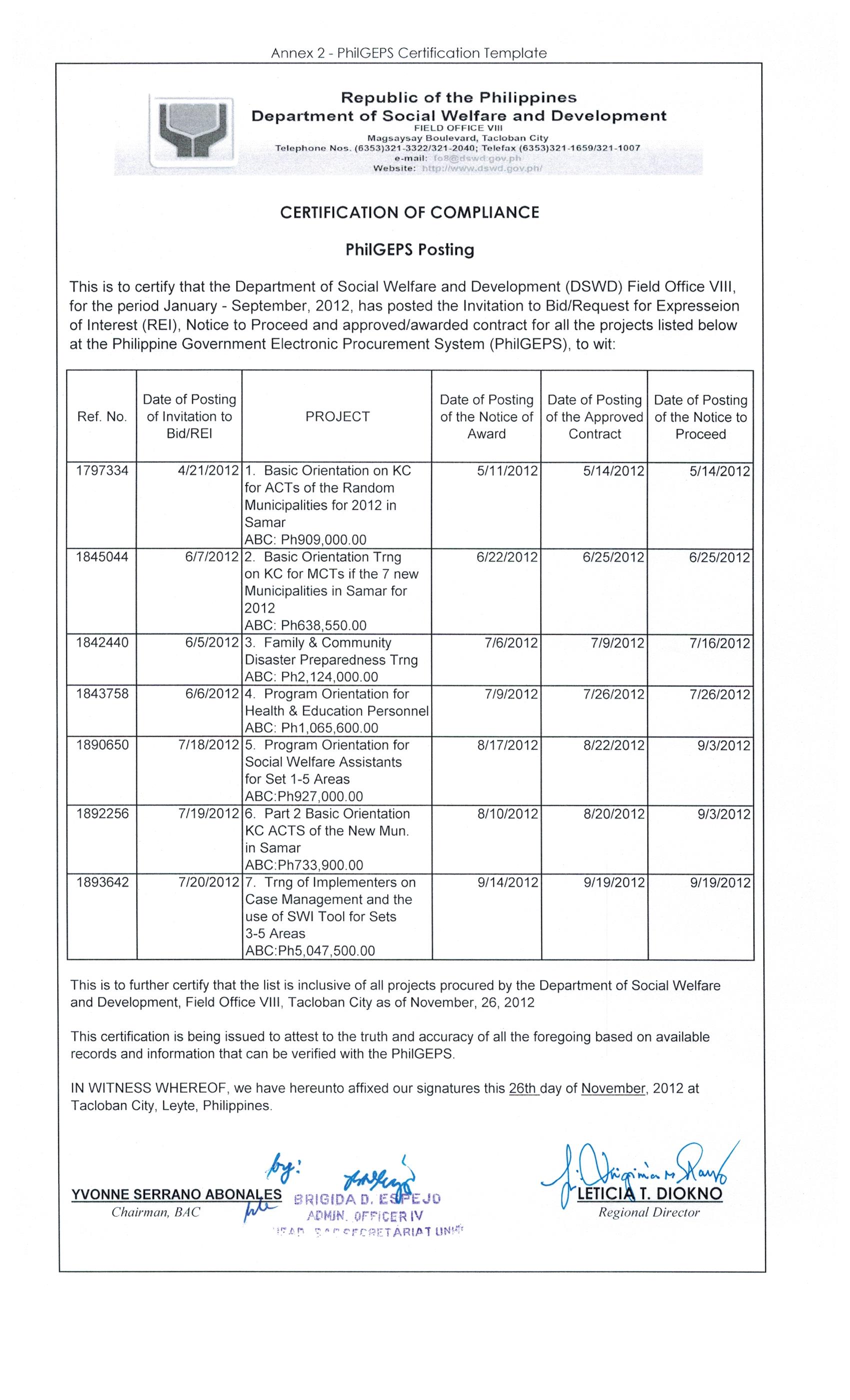 certification of compliance for philgeps posting | Field Office VIII