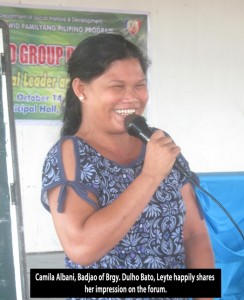 Camila Albani, Badjao of Barangay Dulho Bato, Leyte, happily shares her impression on the forum.