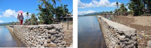 (Left Photo) Nelida Balaes and Maricel Velasco proudly show off the sea wall they built themselves through Kalahi-CIDSS which helped keep their village safe from Yolanda. (Right Photo) The Kalahi-CIDSS sea wall sub-project in Brgy. Minuhang in Barugo, Leyte helped keep the village protected from Yolanda..