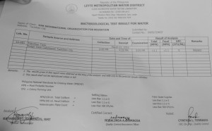 The favorable result of the Leyte Metropolitan Water District’s (LMWD) Bacteriological Test for Water result was signed by LMWD’s Registered Medical Technologist Katherine Gonzales, Quality Assurance Officer Rosalinda A. Dumagsa, OIC Division manager for Quality Control Cynthia L. Terrado, all of the same office.